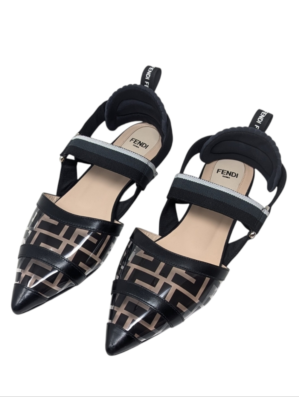 Fendi PVC Colibri Black Slingback Pointed Flats Size EU 37.5 - Picture 2 of 9